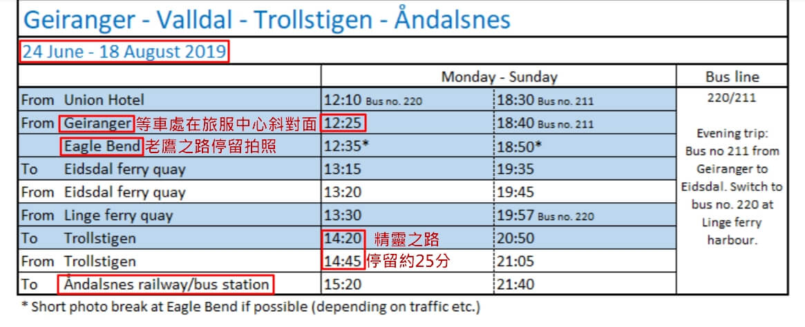 Geiranger-Åndalsnes timetable
