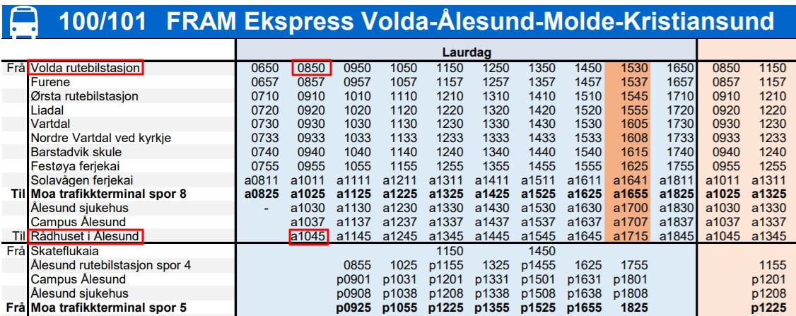 挪威Volda-Alesund時刻表